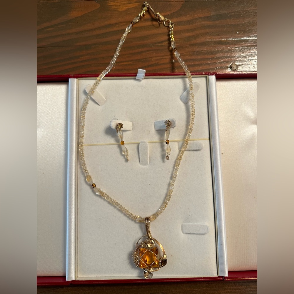 Yellow gold filled wire wrapped golden citrine quartz & Andalusite pendant.
